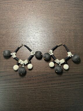 Handcrafted Black and Cream Bead Drop Statement Earrings
